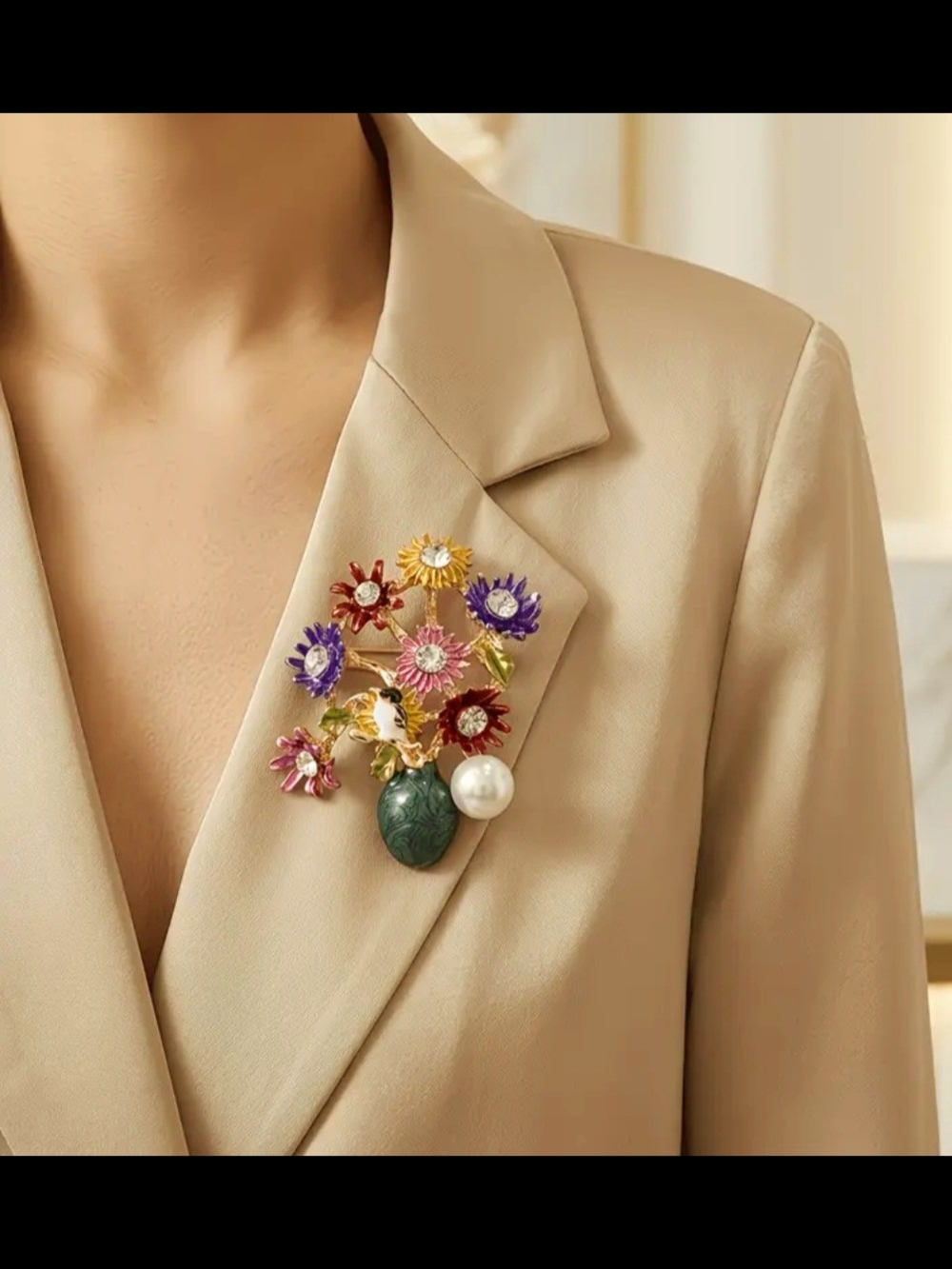 Multicolor Floral Bouquet Brooch with Pearl Accent - Women Jewelry - Picture 3 of 5
